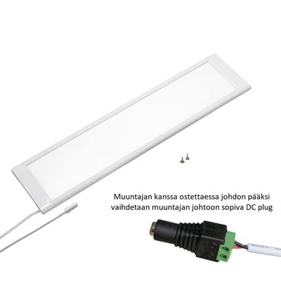 Apparecchio rettangolare a LED bianco, montato a superficie, con cavo di alimentazione e viti di fissaggio su sfondo bianco.