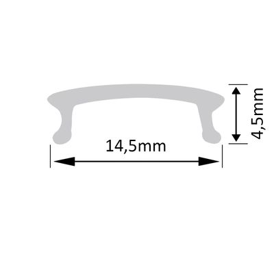 Supporto grigio per lampada, curvo, 14,5 mm di larghezza x 4,5 mm di altezza, contrassegnato dalle frecce nell'immagine.