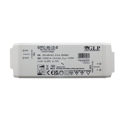 Driver LED GLP GTPC-50-12-D rettangolare bianco, dimmerabile, specifiche, alimentatore per lampade.