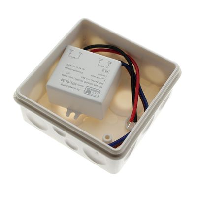 Controller LED per l'illuminazione, filo rosso, nero e blu collegato, specifiche contrassegnate, alimentazione per apparecchio.