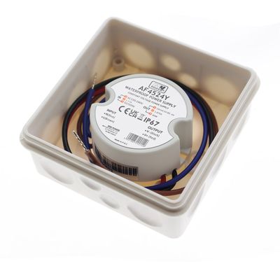 Controller LED, design rotondo, vit kapsling med märkning, collegato a led rossi, blu e marroni