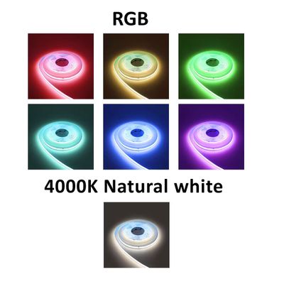 Strisce LED RGB: rosso, verde, blu, giallo, ciano, viola, 4000K off-white.