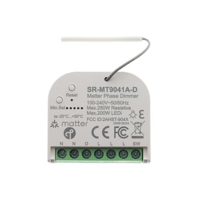 Interruttore dimmer a fase per luci LED, terminali etichettati, pulsante di reset, display specifico per il controllo dell'illuminazione.