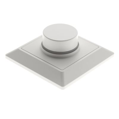 Interruttore dimmer a luce LED bianca con grande manopola per il controllo dell'illuminazione interna. Sfondo piatto.