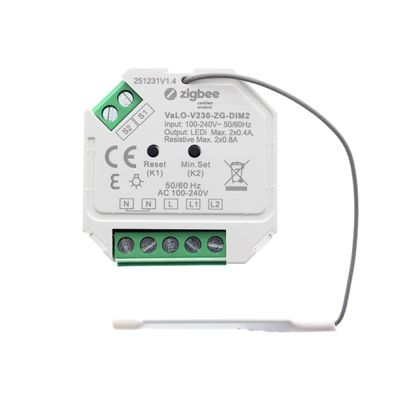 VaLO V230-ZG-DIM2 Dimmer LED Zigbee, terminali e antenna per soluzioni di controllo dell'illuminazione intelligente.