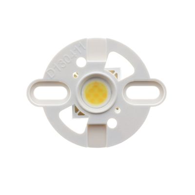 Modulo luminoso LED bianco rotondo, diodo giallo al centro, fori di montaggio, vista dettagliata su sfondo bianco.