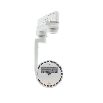 Binario a LED bianco con testa cilindrica, vista posteriore con informazioni elettriche ed etichette di certificazione.