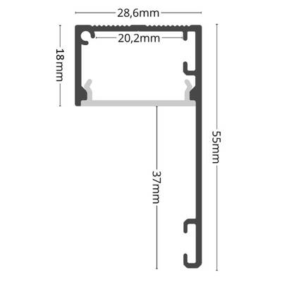 Disegno tecnico del profilo in alluminio a LED nero, a forma di L 28,6x55 mm, larghezza interna 20,2 mm, altezza interna 37 mm.