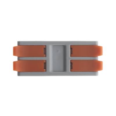 Connettore per illuminazione a LED grigio, rettangolare con quattro leve arancioni, vista dall'alto su sfondo bianco.