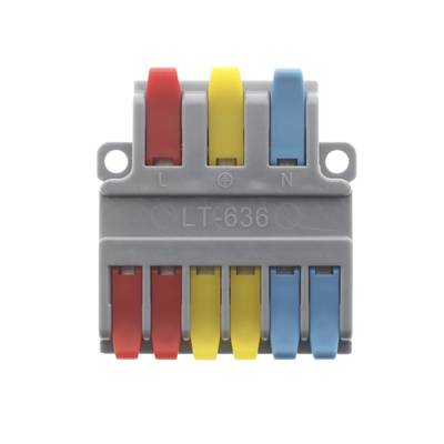 Blocco di connettori elettrici per illuminazione a LED, LT-636, leve con codice colore, contatti L N per il cablaggio.