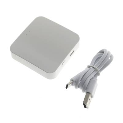Controller LED compatto in custodia bianca, con cavo di ricarica USB in dotazione; supporta connessioni micro-USB e USB-A