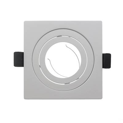Faretto LED da incasso di forma quadrata, cornice grigia, parte centrale rotonda, due clip di fissaggio nere su ciascun lato.