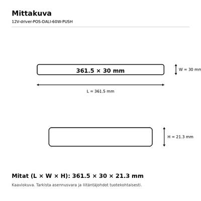 Schema delle dimensioni del profilo LED: lunghezza 361,5 mm, larghezza 30 mm, altezza 21,3 mm.