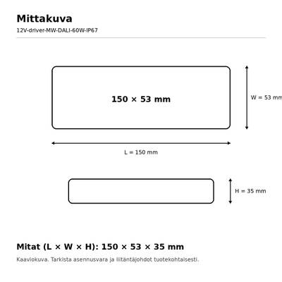 Schema delle configurazioni dimensionali delle lampade a LED: 150 x 53 mm e 150 x 53 x 35 mm con le relative misure dei LED.