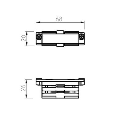 Schema tecnico: dimensioni del connettore rettangolare - vista dall'alto: 68 mm x 20 mm, vista laterale: altezza 26 mm, per componenti di illuminazione a LED.