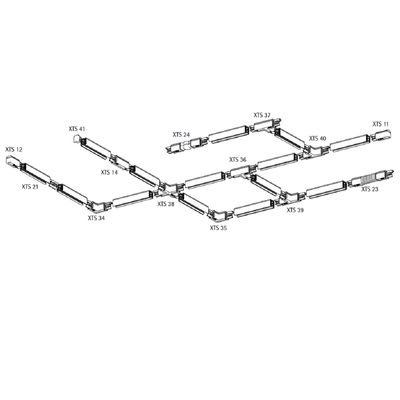 Schema di un sistema di illuminazione LED modulare che mostra i segmenti XTS 12, XTS 11, XTS 23, XTS 35 e XTS 41 in un complesso layout interconnesso.