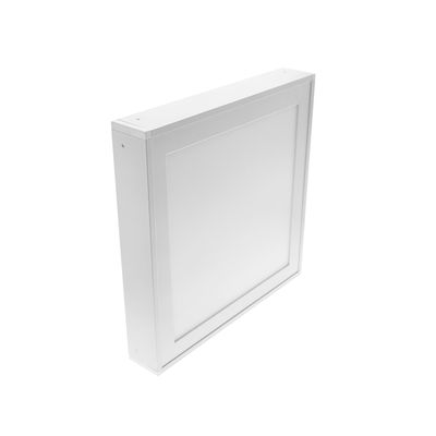 Display illuminato a LED: pannello quadrato bianco con cornice spessa, incastonato in un angolo su sfondo bianco. Ideale per interni moderni.