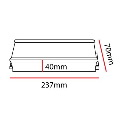 Disegno lineare di un apparecchio LED trapezoidale, dimensioni segnate in rosso: altezza 40 mm, larghezza 237 mm e profondità 70 mm.