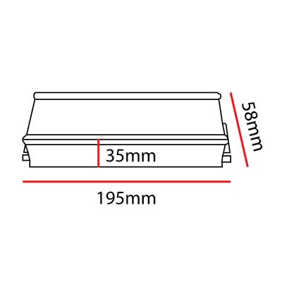 Schema delle dimensioni di una lampada LED rettangolare: 35 mm di larghezza, 195 mm di lunghezza e 58 mm di altezza, ideale per soluzioni di illuminazione compatte.