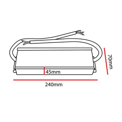 Disegno lineare di un controller LED rettangolare: 240 mm di larghezza, 70 mm di altezza, 45 mm di profondità, con fili sporgenti sulla parte superiore. Perfetto per l'illuminazione LED compatta.