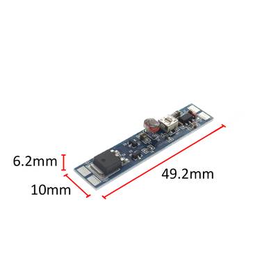 Circuito LED stretto (49x10mm) con informazioni illuminotecniche visibili in basso.
