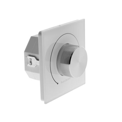 Interruttore dimmer rotativo color argento con piastra bianca con funzione push on/off, ideale per controllare l'illuminazione a LED.