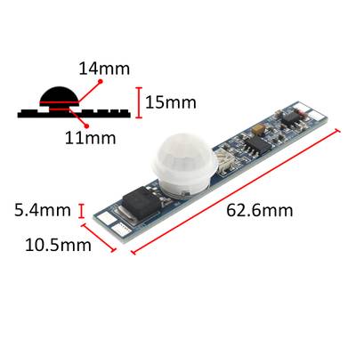 Sensore PIR sottile per illuminazione a LED, circuito stampato e calotta compatti, 62,6 x 10,5 x 5,4 mm, calotta 14 x 15 mm