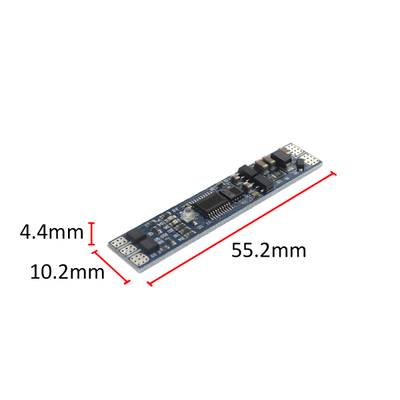 Disegno lineare di un circuito elettronico, dimensioni 55 mm x 10 mm x 3 mm, dettagliato con i componenti - ideale per applicazioni di illuminazione a LED.