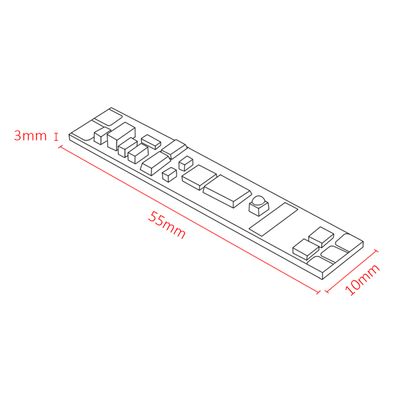 Disegno lineare di un circuito elettronico, dimensioni 55 mm x 10 mm x 3 mm, dettagliato con i componenti - ideale per applicazioni di illuminazione a LED.