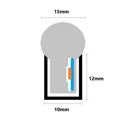 Schema di una lampada LED circolare: larghezza 10 mm, altezza 12 mm, con una linea verticale blu e un rettangolo arancione sul lato destro.