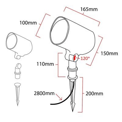 Diagramma di faretto LED per esterni con raggio regolabile di 120 gradi, dimensioni millimetriche indicate