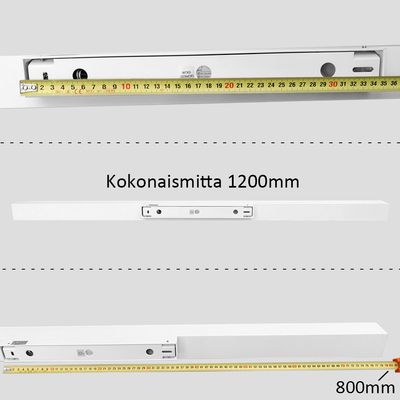 Tre nastri di misurazione in un'unità di ringhiera bianca con lunghezze di 1200 mm, 800 mm e 800 mm; con il testo in finlandese "Kokonaisaisaista 1200 mm.