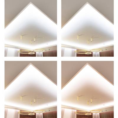 Quattro immagini di moderne lampade a sospensione a LED dorate con pannelli luminosi integrati nel soffitto.