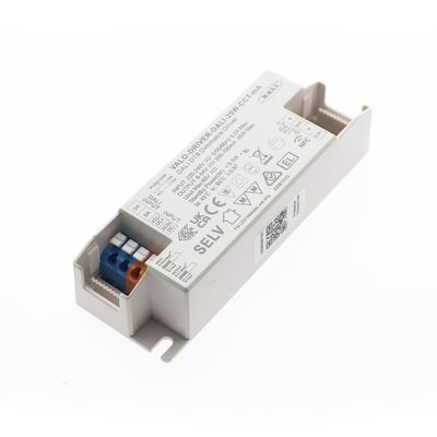 Primo piano del controller LIGHT SENSOR DALI 32W SELV, che mostra gli ingressi, le uscite e le informazioni elettriche per l'illuminazione a LED.