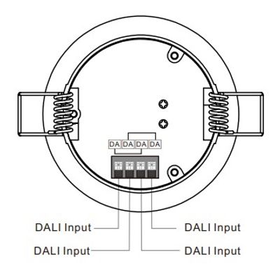 Schema di un connettore di ingresso DALI; circolare con 4 connettori DA, molle laterali e cablaggio che collega ciascun connettore al movimento di illuminazione a LED.