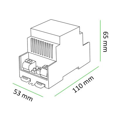 Disegno lineare di un dispositivo elettronico a LED, dimensioni 110x65x53 mm, per un'efficiente soluzione di illuminazione di movimento a LED.