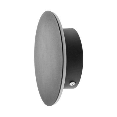 Elegante e moderna applique a LED nera con design a piastra circolare e vite laterale a vista per soluzioni di illuminazione eleganti ed efficienti dal punto di vista energetico.