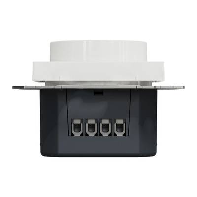 Primo piano dell'interruttore della luce a LED, connettori e cablaggio visibili, con parete bianca sullo sfondo.