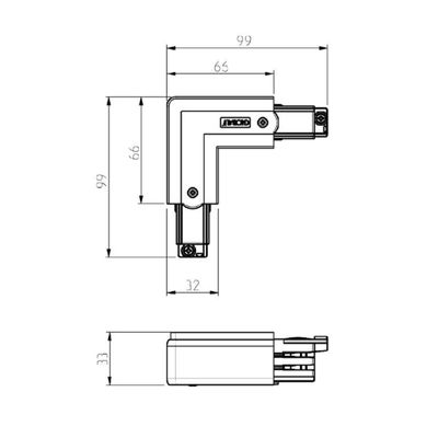 Disegno tecnico di un connettore LED rettangolare con dimensioni e vista laterale per installazioni di illuminazione di precisione.