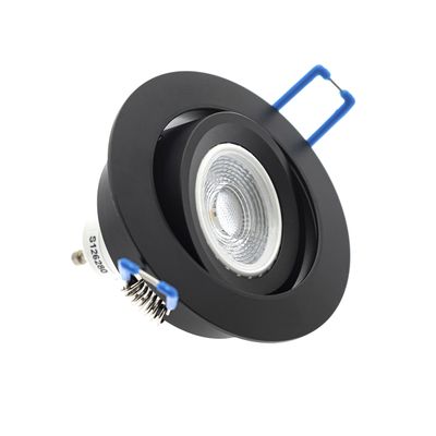 Faretto da incasso a soffitto nero con ghiera regolabile, anello per lampadina argentato e clip di montaggio per moderne soluzioni di illuminazione a LED.
