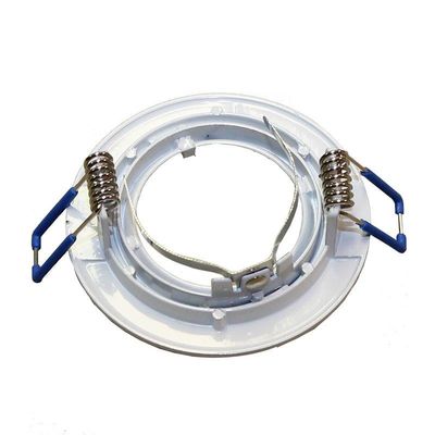 Staffa da incasso rotonda in metallo/plastica con molle e clip blu per il montaggio a soffitto; valorizza le moderne soluzioni di illuminazione a LED.