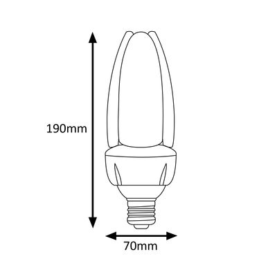 Disegno di una lampada a LED, dimensioni: altezza 190 mm, larghezza 70 mm, ideale per soluzioni di illuminazione ad alta efficienza energetica.
