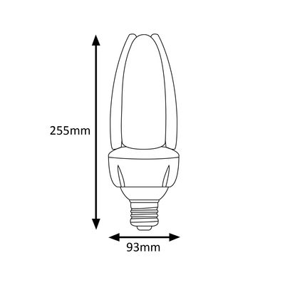 Disegno lineare di una lampada a LED, alta 255 mm e larga 93 mm, ideale per l'illuminazione domestica ad alta efficienza energetica.