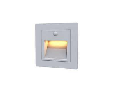 Apparecchio quadrato da incasso per scale con cornice grigia che emette una luce calda e morbida, perfetta per aumentare la sicurezza e l'atmosfera negli interni moderni.