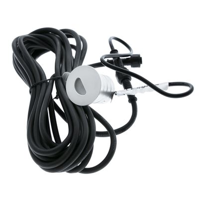 Avvolgicavo nero con sensore metallico rotondo, connettore nero e cablaggio per soluzioni di illuminazione a LED.