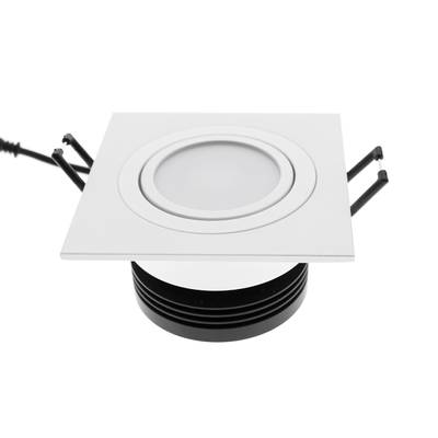Apparecchio LED quadrato da incasso con finiture bianche, staffe regolabili; illuminazione ad alta efficienza energetica per interni moderni.