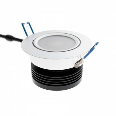 Downlight LED da incasso bianco ad alta efficienza energetica con clip a molla blu, staffa e dissipatore di calore nero per soluzioni di illuminazione moderne.