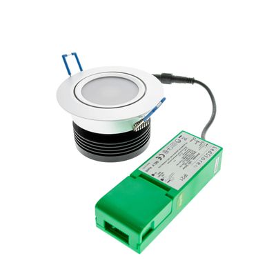 Downlight LED circolare con cablaggio e driver LED verde su sfondo bianco per soluzioni di illuminazione ad alta efficienza energetica.