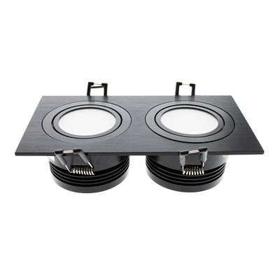 Plafoniera rettangolare nera da incasso con due lampade LED rotonde e staffe per interni moderni.