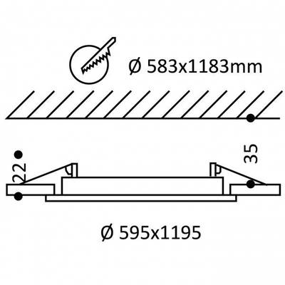 Diagramma delle dimensioni di un oggetto rotondo: parte superiore 583x1183 mm (simbolo della sega), parte inferiore 595x1195 mm, spessore 22 mm - 35 mm.